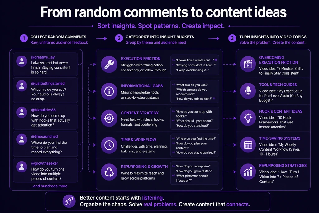 Image: Strategic grid detailing how to map audience comments into content production buckets