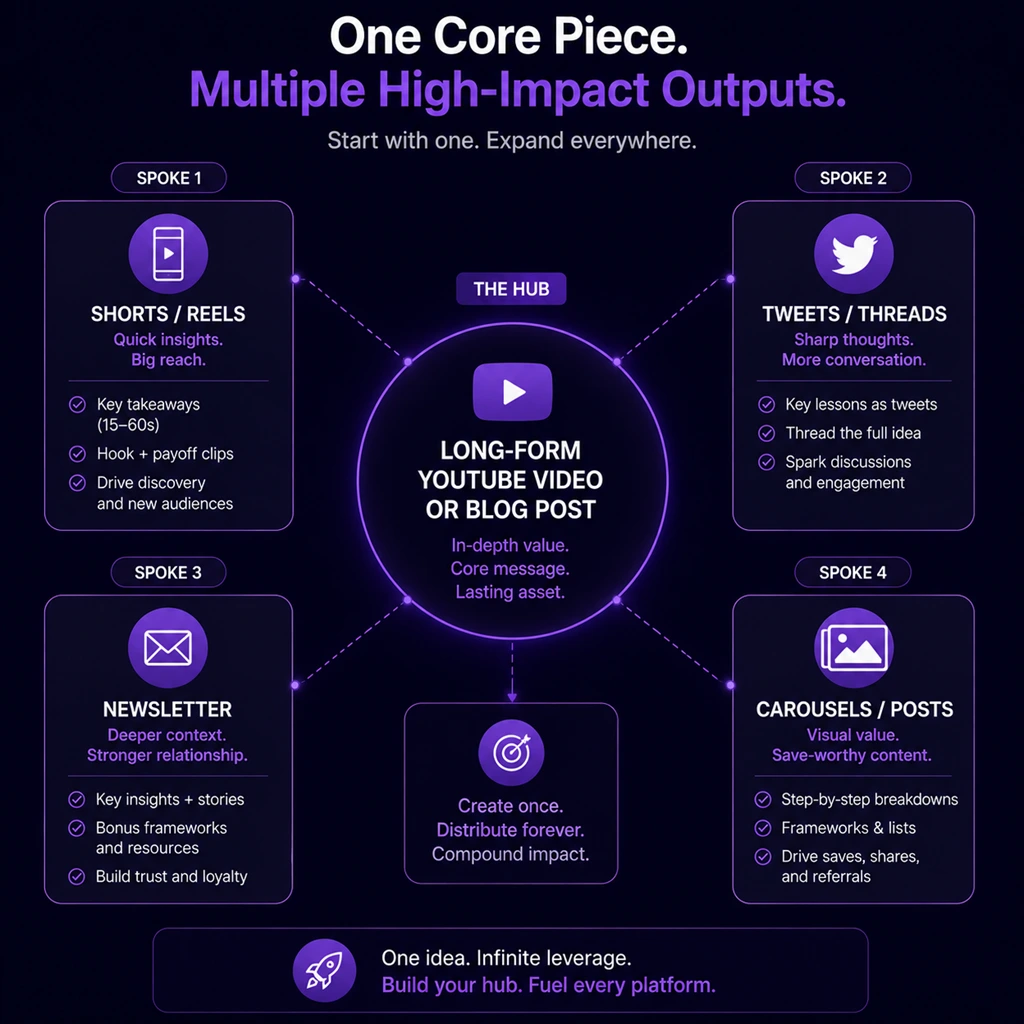Image: Hub and Spoke diagram showing one main video splitting into shorts, tweets, emails, and carousels