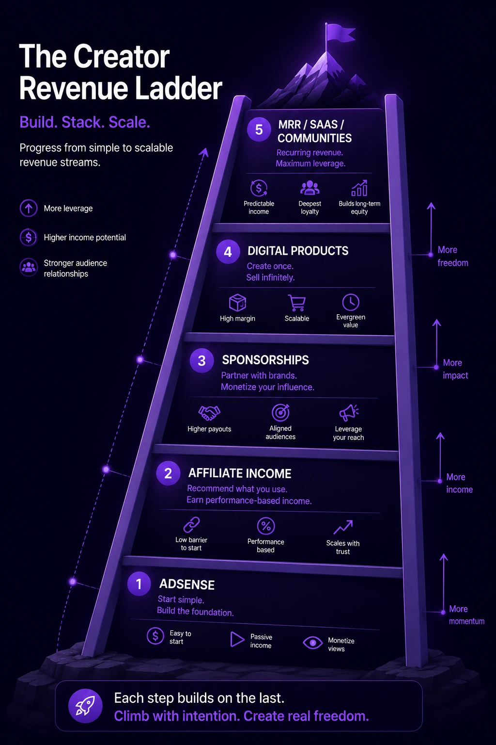 Image: A visual ladder diagram showing the progression of creator revenue streams from base programmatic ads to peak MRR