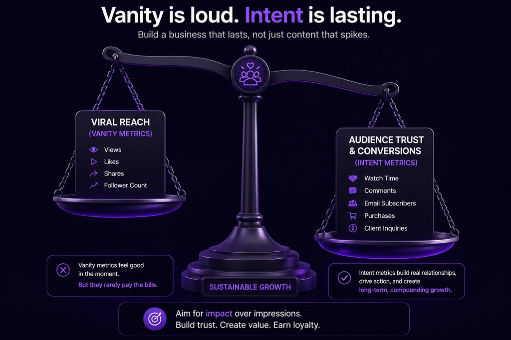 Image: A scale weighing 'Viral Reach' against 'Audience Trust' and conversions, demonstrating the balance needed in a feed