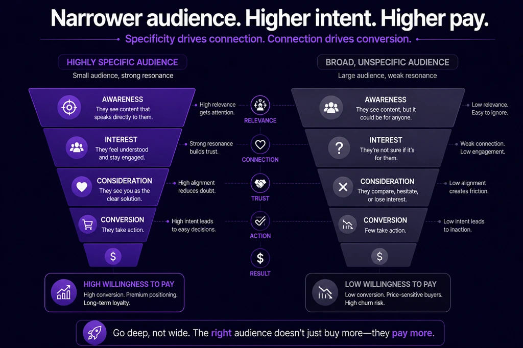 Image: Funnel diagram illustrating how audience specificity directly increases a follower's willingness to pay