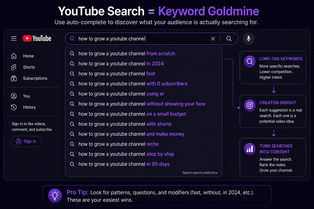 Image: Screenshot highlighting YouTube search bar auto-complete suggestions for content research